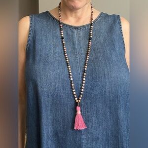 Handmade 108 bead, Pink Jasper and Obsidian Necklace with Tassel